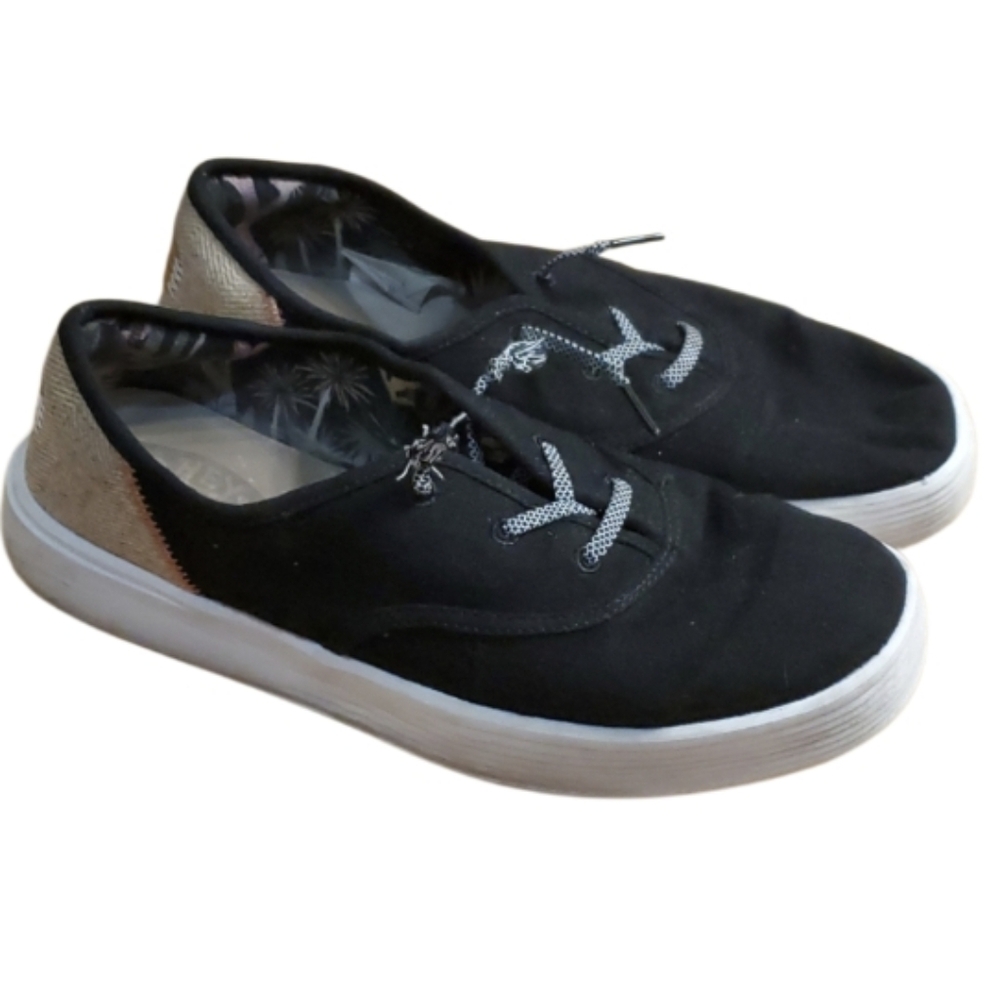 Hey Dude‎ Womans Conway Craft Black With Beige Linen Slip-On Shoes Size W9